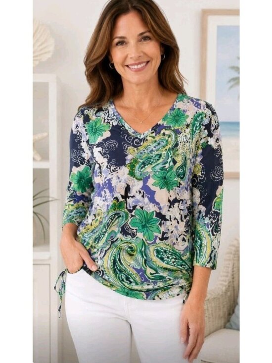Caribbean Joe Tops - Caribbean Joe Size Medium Pullover Top V-Neck Floral Size Medium Green Blue